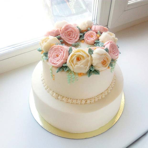 Elegant Two Tier Cake with Soft Florals for Summer Wedding Cakes