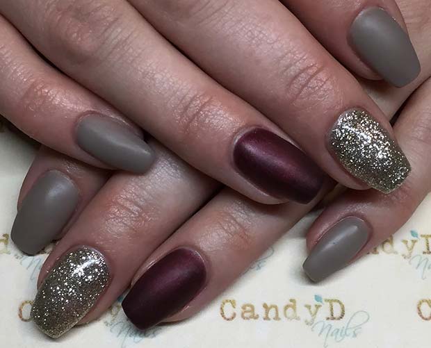 Haki, Burgundy and Gold Glitter for Fall Nail Design Ideas