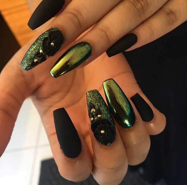 Mat Black and Metallic Green Nails
