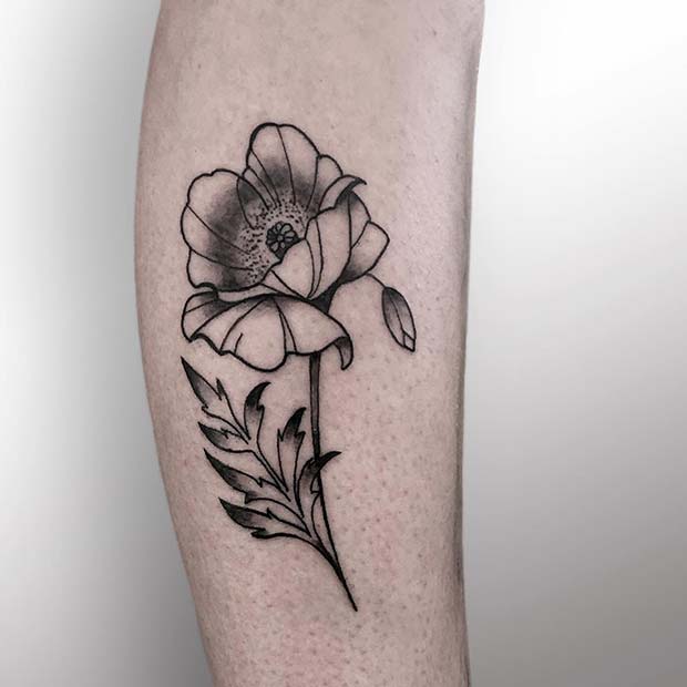 Artistic Black Ink Poppy Tattoo 