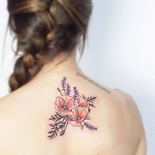 मिठाइयां Poppies and Purple Flowers Tattoo Idea