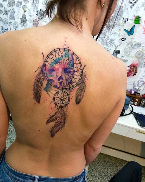 สีน้ำ Dream Catcher Tattoo on Back