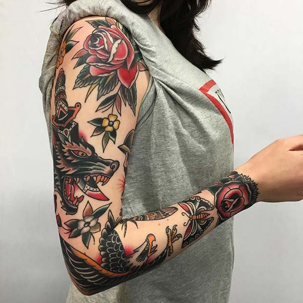 แบบดั้งเดิม Sleeve for Badass Tattoo Idea for Women