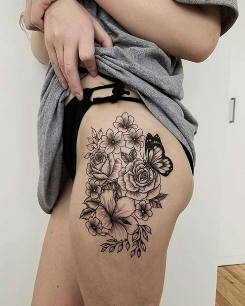  Floral Thigh Tattoo Idea