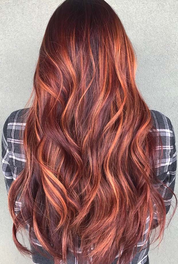 लाल Hair with Copper Balayage Highlights