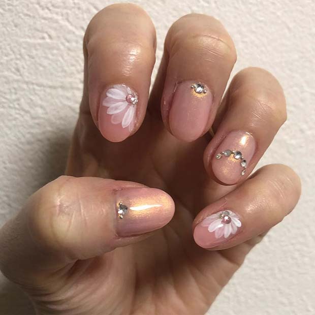 Floral Nails with Rhinestones 