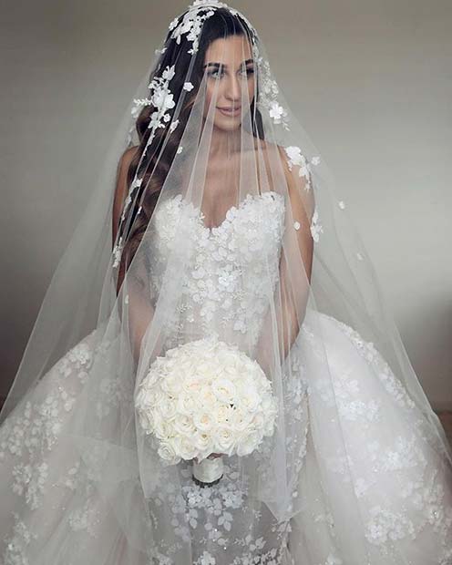 Floral Wedding Dress with a Veil 