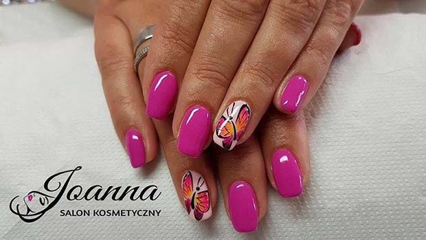Parlak Pink and Butterfly Nail Art for Summer Nails Idea
