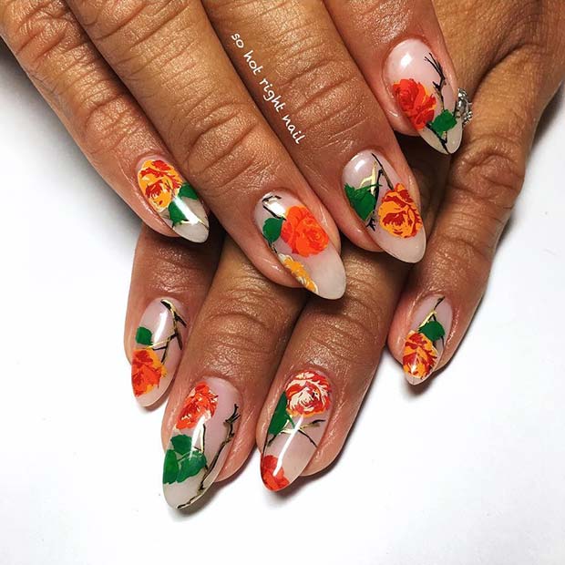 Orange Floral Nail Art for Summer Nails Idea