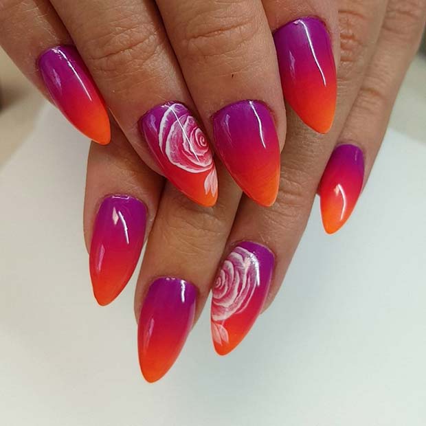 ombre Design with Rose Accent Nail for Summer Nails Idea