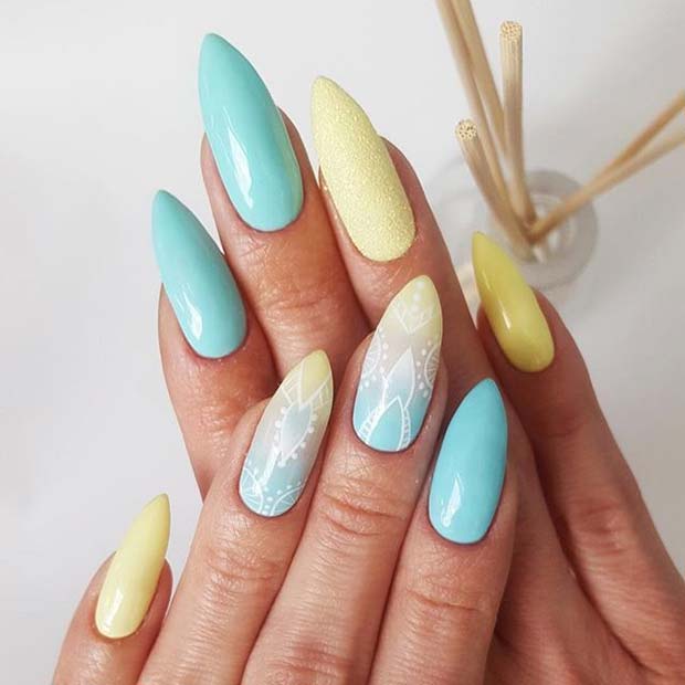 Pasztell Blue and Yellow Design with Accent Nail for Summer Nails Idea