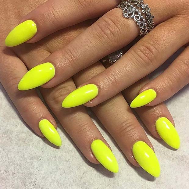 Mandelj Shape Vibrant Yellow Nail Design for Summer Nail Ideas