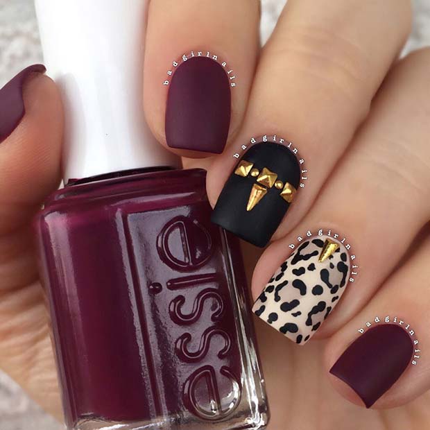 Matte Burgundy and Leopard Nails