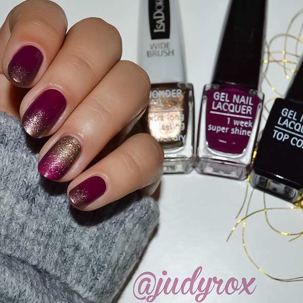burgundac and Gold Nails for Holidays 