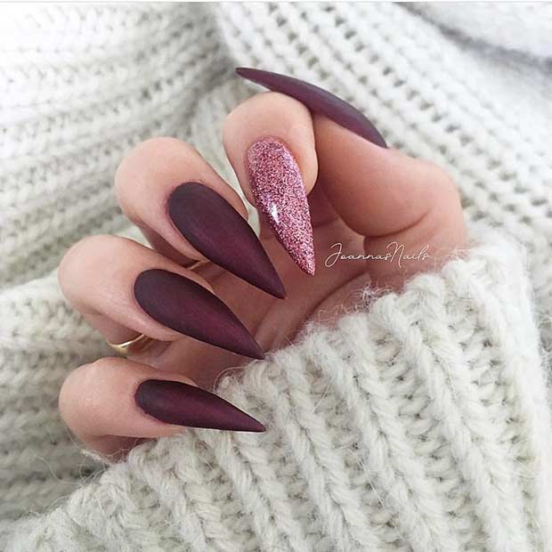 bourgogne Stiletto Nails with a Pop of Glitter