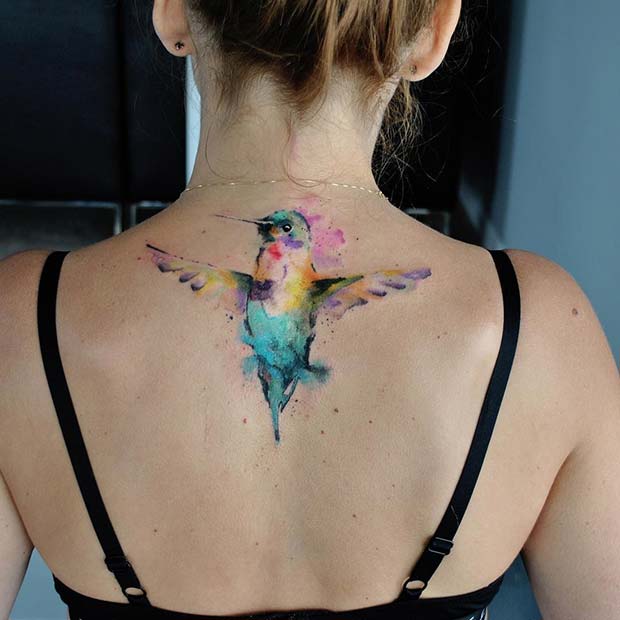Akvarel Hummingbird Bird Back Tattoo 