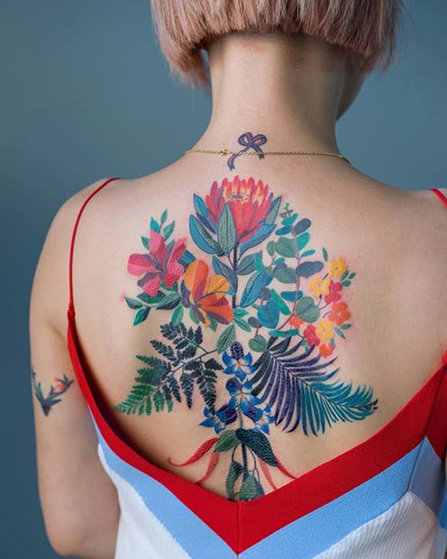 Vibrant Floral Back Tattoo Idea