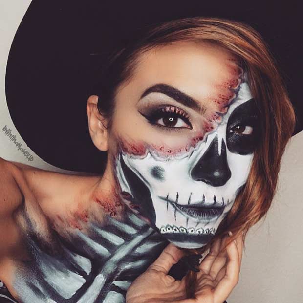 plašljiv Skeleton Makeup Look for Halloween