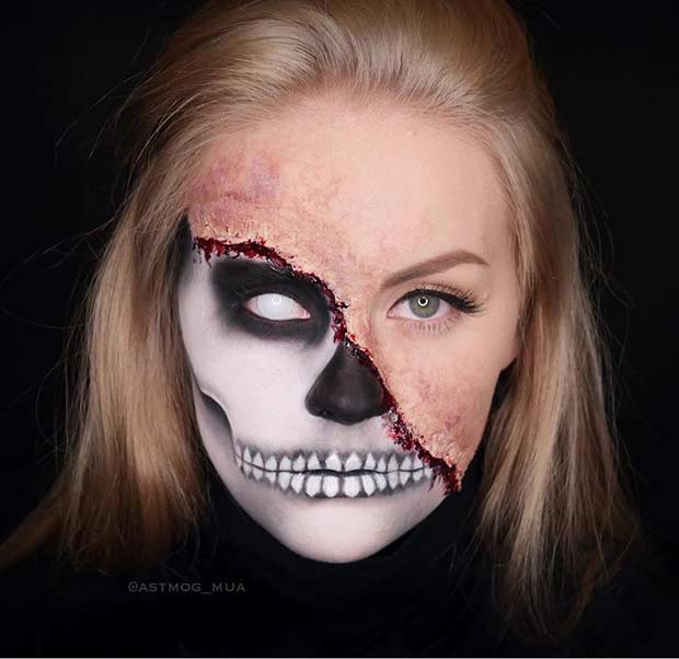Ijedős Burned Half Face Skeleton Makeup for Halloween