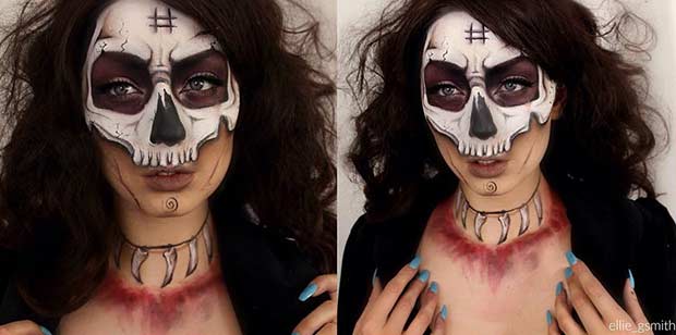 Jumătate Face Skull Halloween Makeup Look