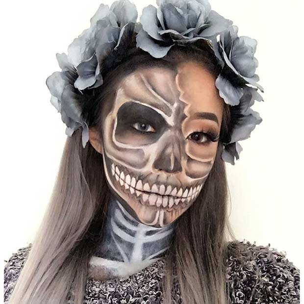 Szürke Skeleton Makeup Look for Halloween
