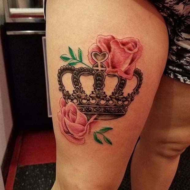 Trandafir and Crown Thigh Design for Crown Tattoo Idea for Women