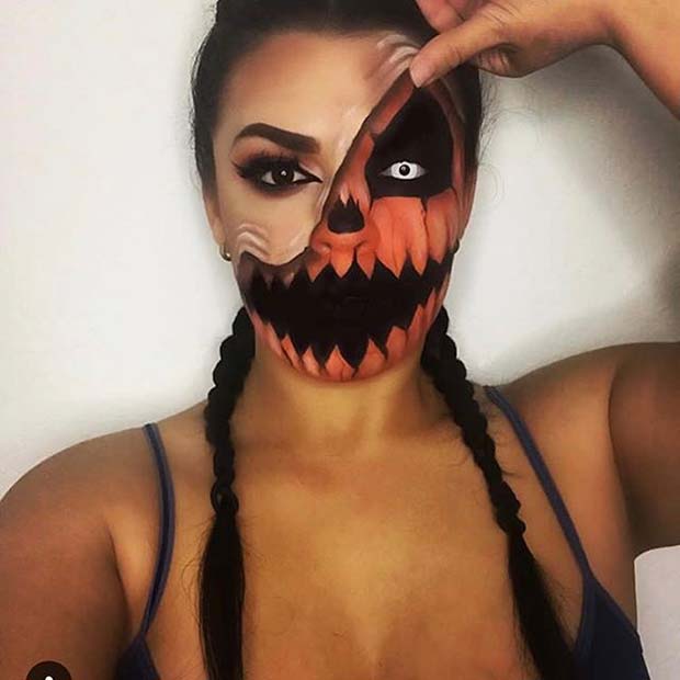 आधा Pumpkin Face for Creative DIY Halloween Makeup Ideas