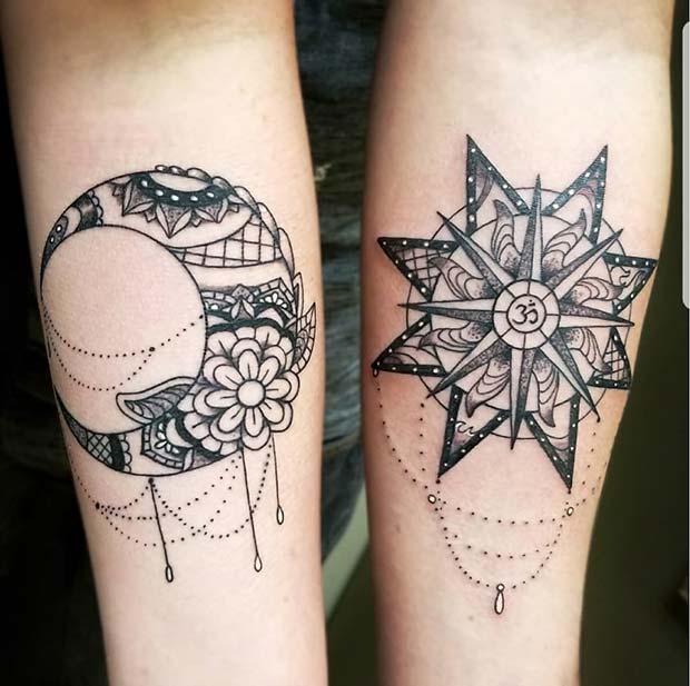 gyönyörű Sun and Moon Best Friends Tattoos 