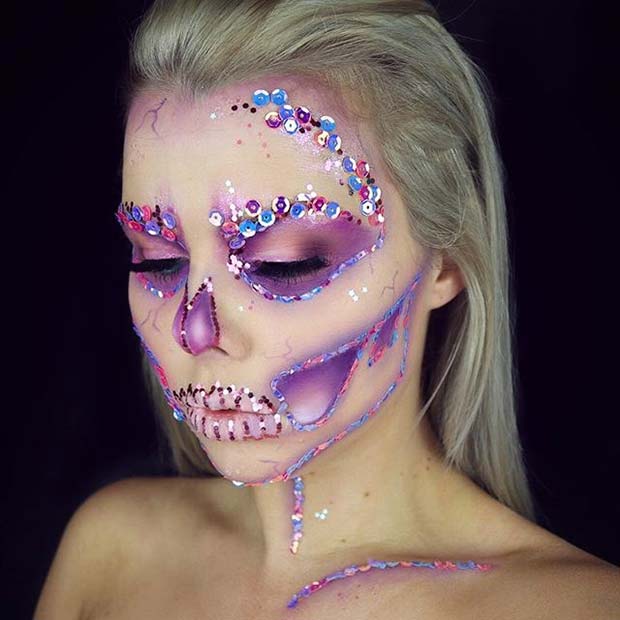 สั่นสะเทือน Sequin Skull Makeup for Cute Halloween Makeup Ideas 