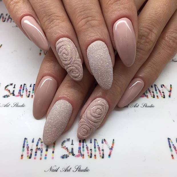 Neutral Sugar Glitter Almond Nails for Prom