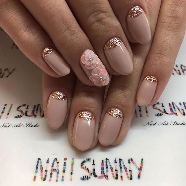 Neutral and Gold Glitter Almond Nails for Prom