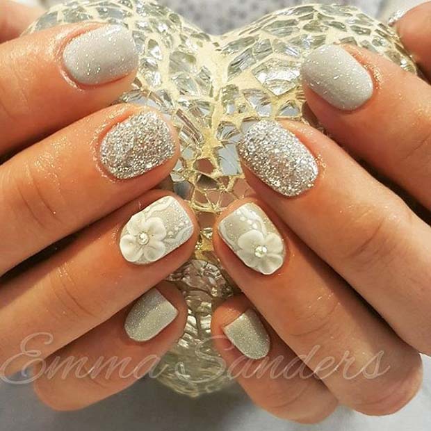 पुष्प Accent Nail with Silver Glitter Nails for Glitter Nail Design Idea