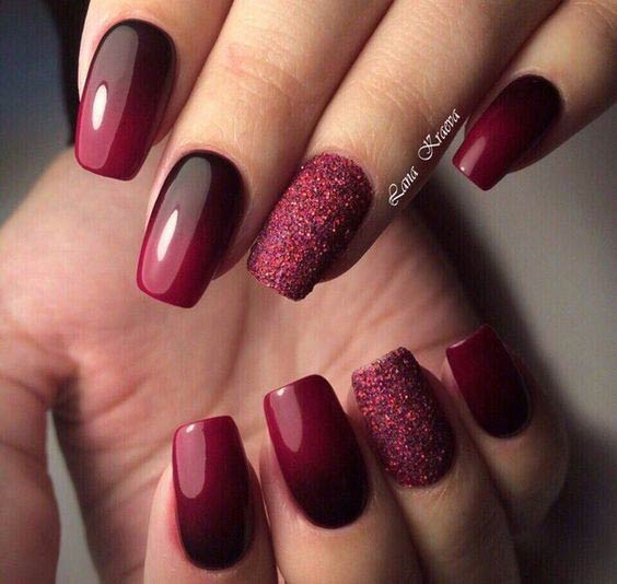 ombre Nail Art with Red Glitter