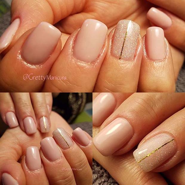 Nud Nails with Glitter and Gold Accent Nail for Glitter Nail Design Idea
