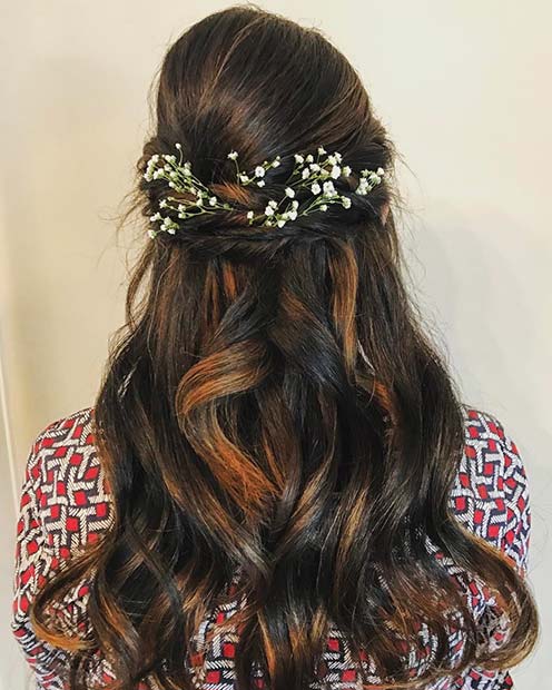 Floral Waved Half Up Wedding Hair Idea