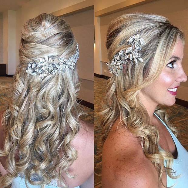 Curled Half Up Hair with Accessory for Wedding Hair Idea