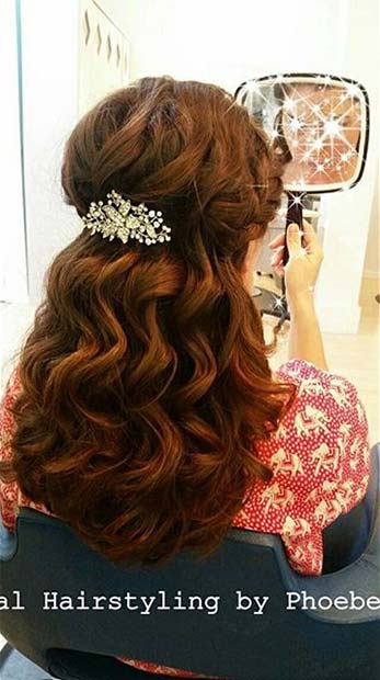 Curled Half Up Hair Wedding Idea with Glam Accessory
