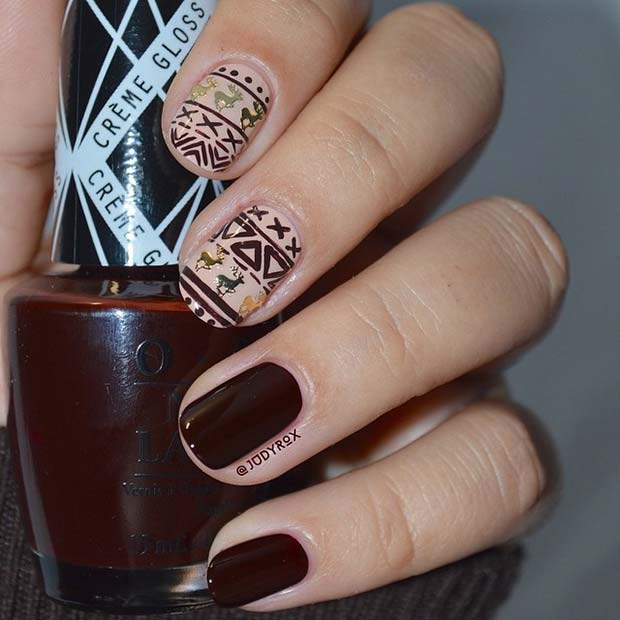 Burgundia Nails With Winter Pattern Accent Design