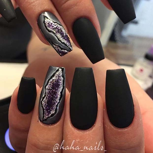 Negru Matte Nails with Geode Accent Nail for Matte Nail Designs for Fall 