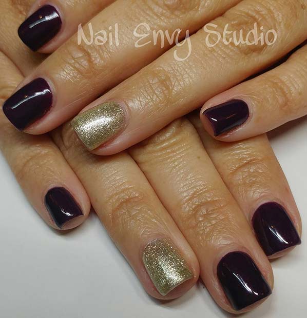 Temno Purple Nails with Gold Glitter Accent Nail for Winter Nail Ideas