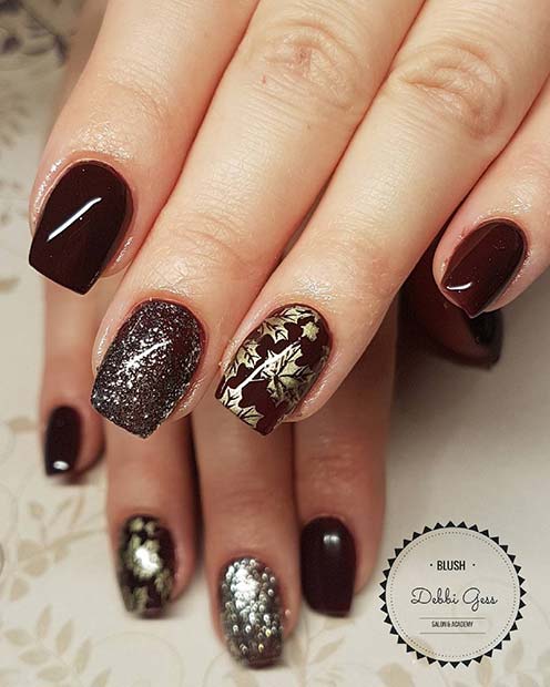 Întuneric Polish and Gold Leaf Nail Design for Winter Nail Ideas