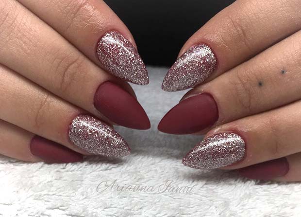 Bordeaux and Glitter Nails for Winter Nail Ideas