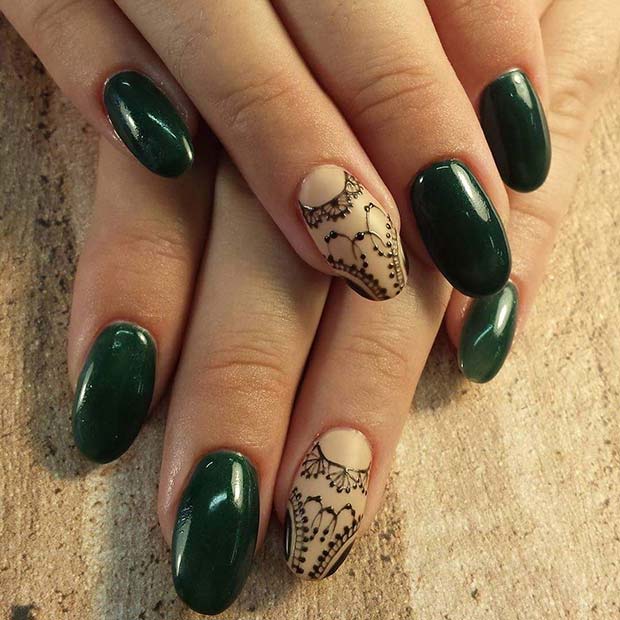 חוֹרֶף Green Nails with Lace Accent Nail for Winter Nail Ideas
