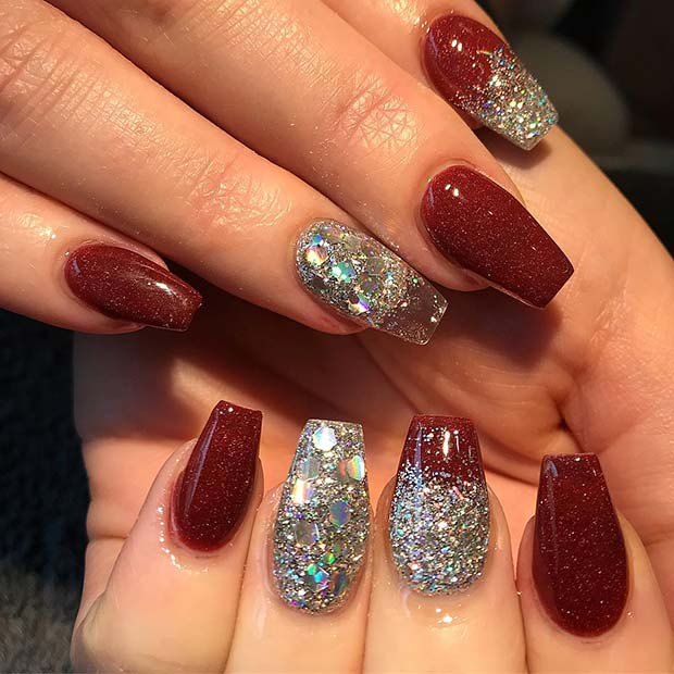 rdeča and Silver Glitter Nail Designs for Winter Nail Ideas