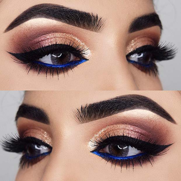 Altın and Blue Eyeshadow Look for Prom 