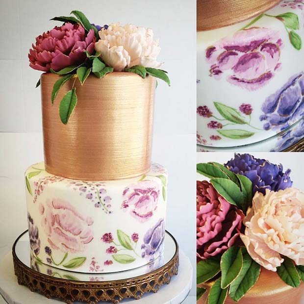Artistic Floral and Gold Wedding Cake