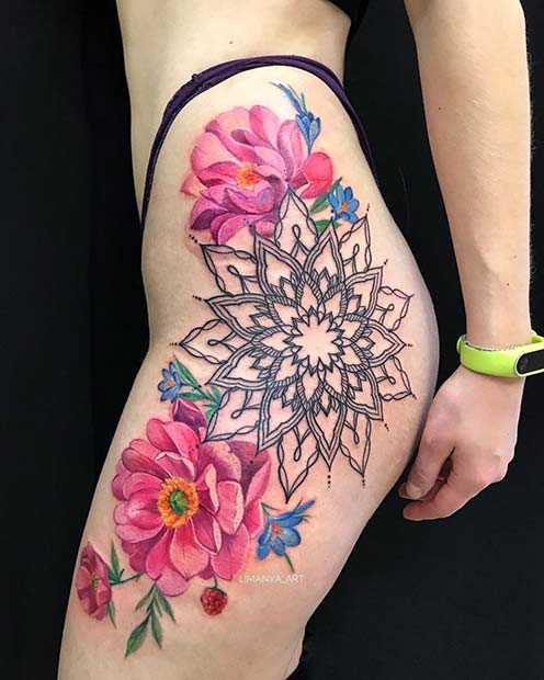 กล้า Mandala and Flowers Hip Tattoo Idea