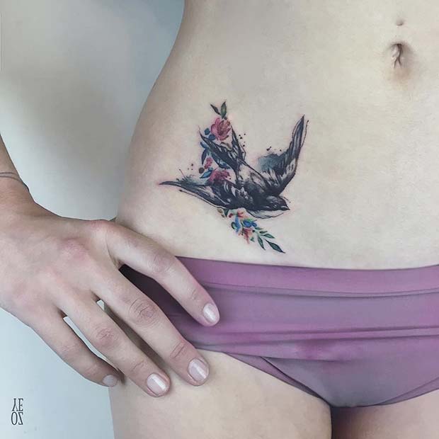 Artistic Bird Hip Tattoo Idea