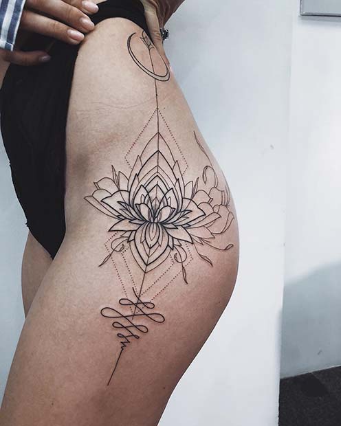 Lotus with Patterns Hip Tattoo 