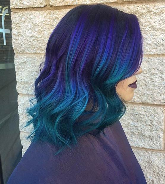 Sötét Purple Hair with Blue and Teal Lowlights